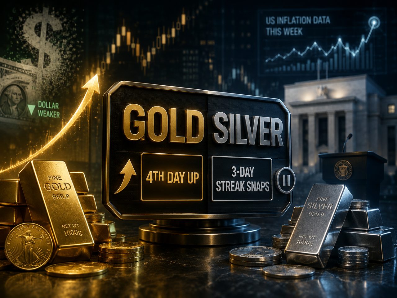 Gold prices rise Rs 8,200/10g in 4 days; silver falls Rs 1,800/kg ahead of US inflation data. Buy, sell or hold?